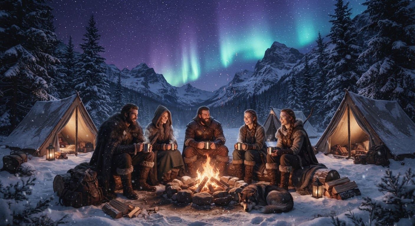 Friends with warm mugs gather round a campfire between snow-dusted tents as the aurora lights the mountains.