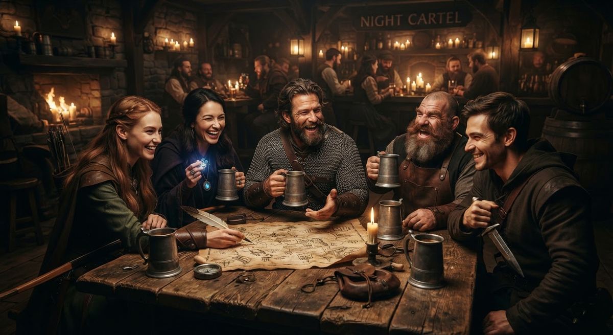 Five friends laughing and raising tankards around a candlelit tavern table