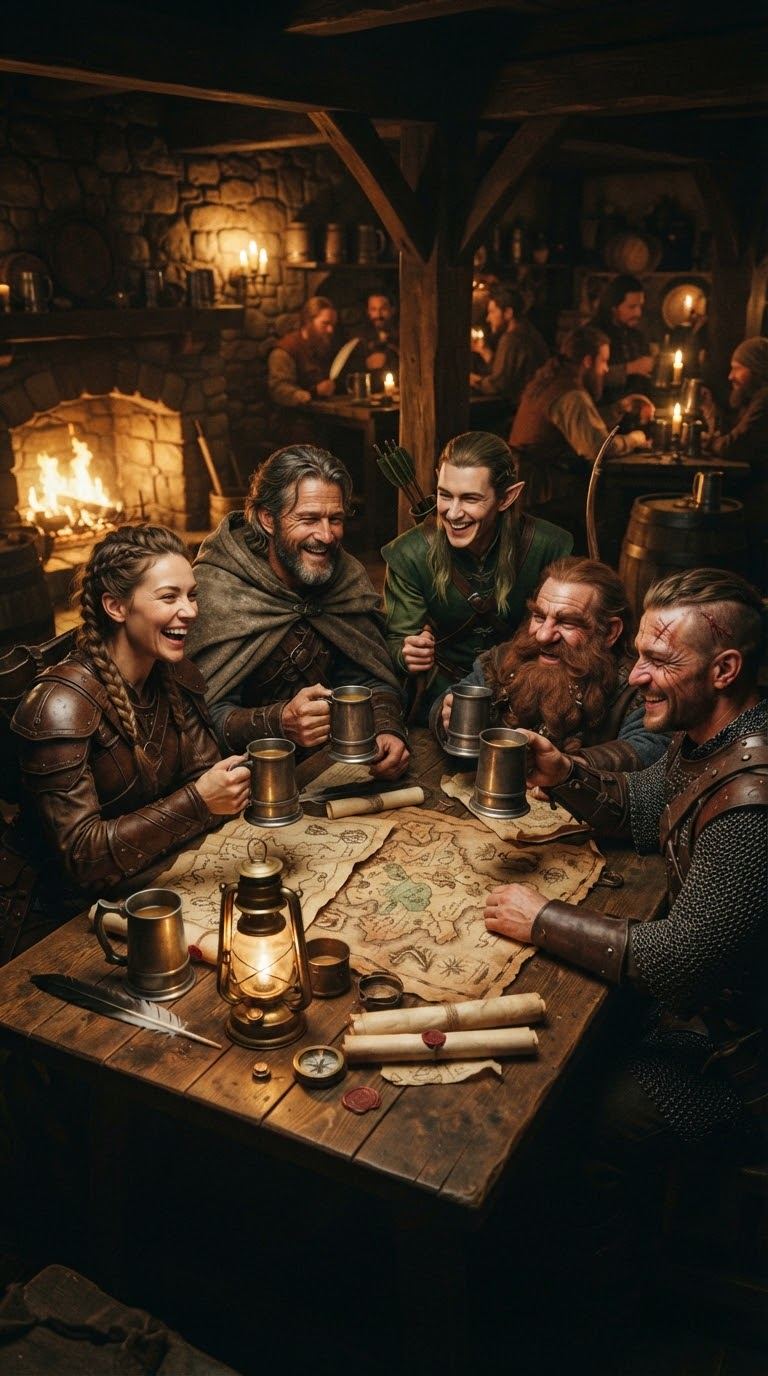 A warm, laughter-filled medieval tavern where cheerful companions gather around a table strewn with maps, tankards and a glowing lantern.